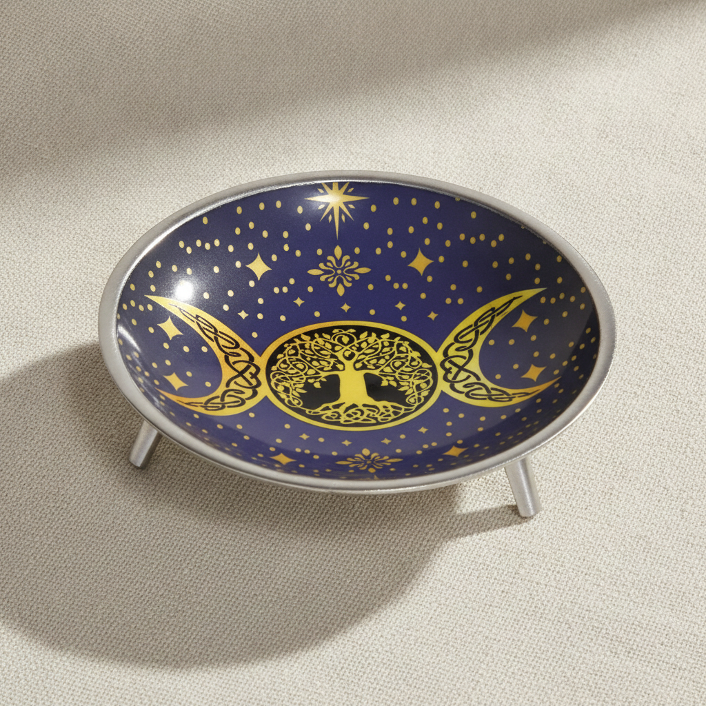 Triple Moon Tree of Life offering dish on three legs, on cream linen