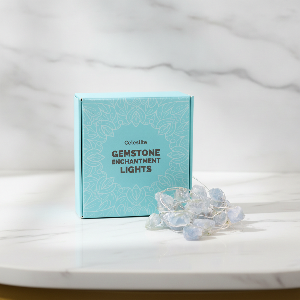 Celestite crystal fairy lights on a marble table with a marble wall behind