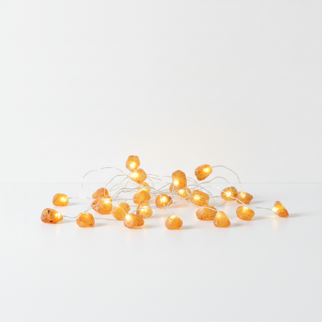 Orange jade crystal fairy lights on a clean white surface against a white wall