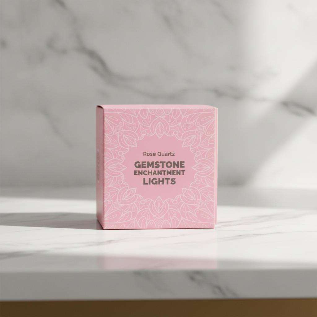 Rose quartz crystal fairy lights on a marble table with a marble wall behind