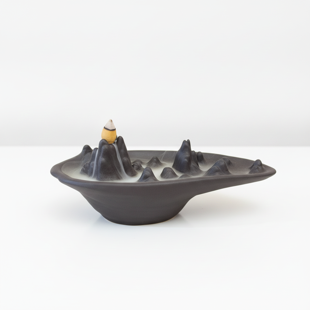 Mountain scape backflow incense burner with smoke running down the slopes
