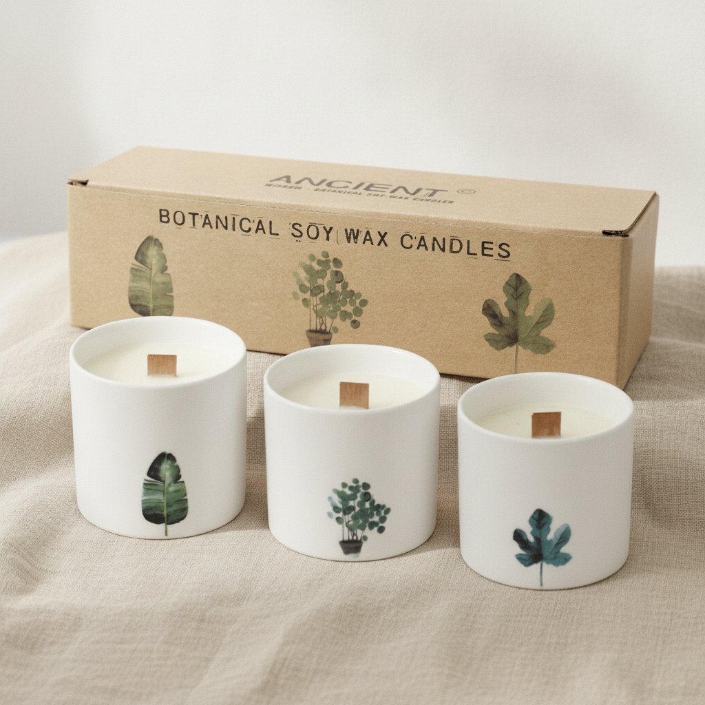 Set of 3 Large Scented Soy Candles Marsh Viola - Wooden Wick Botanical Candles in Ceramic Jars