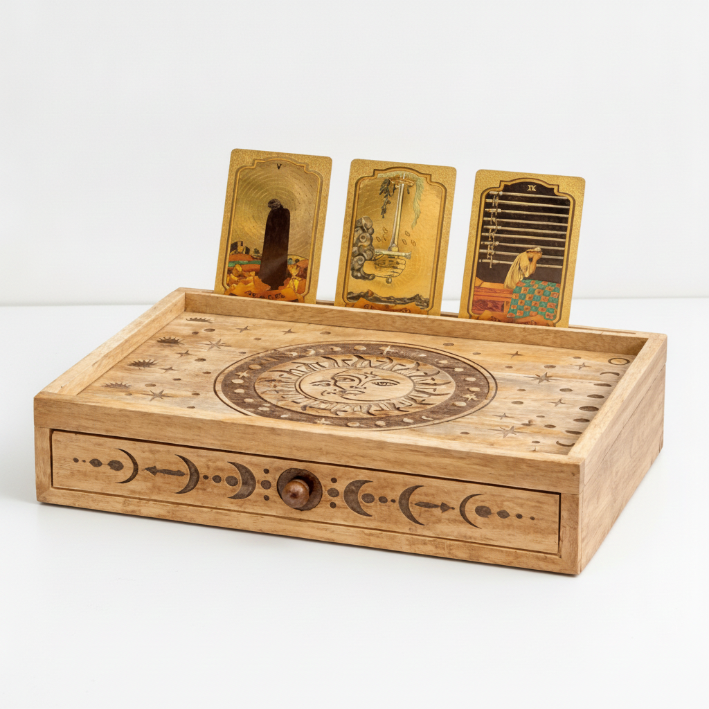 Sun and moon tarot box closed with three tarot cards displayed upright in the slot