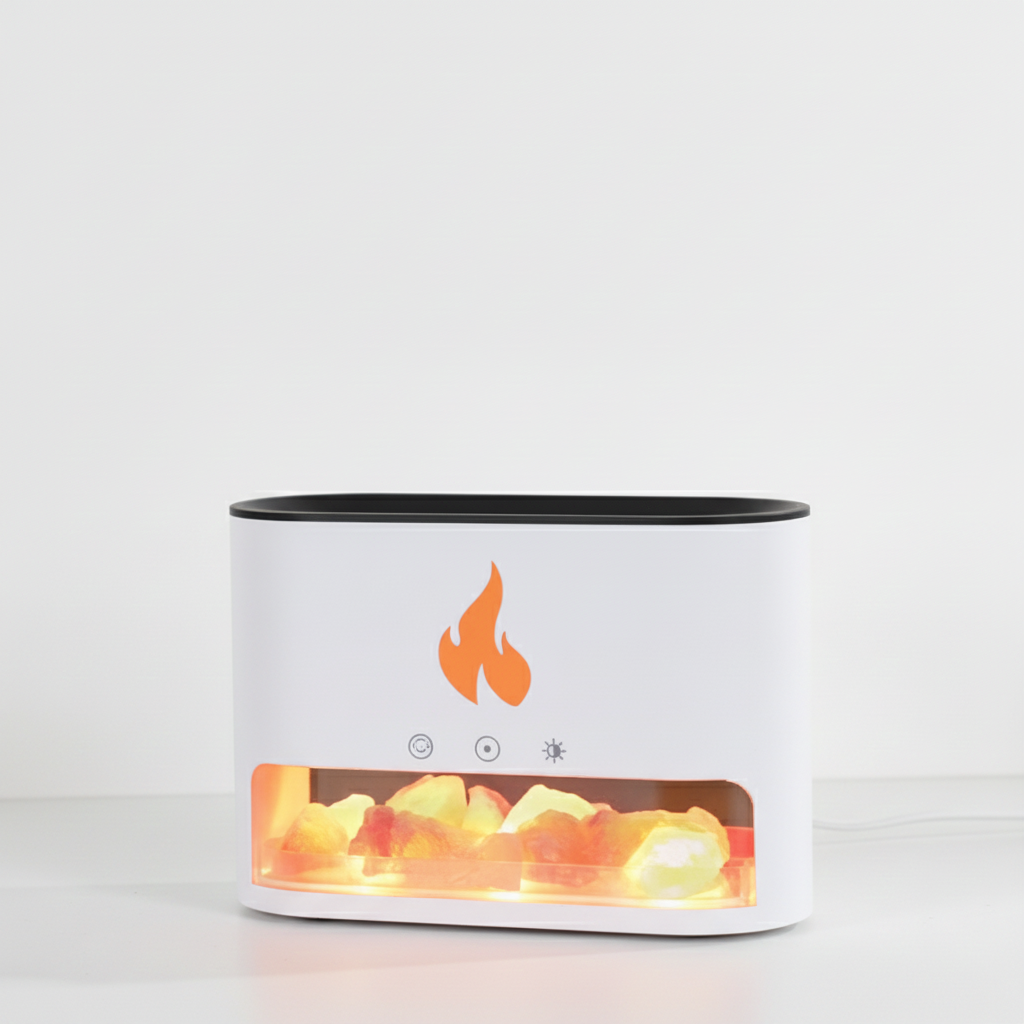 White flame effect diffuser lit, orange flame glowing over pink Himalayan salt in the base chamber