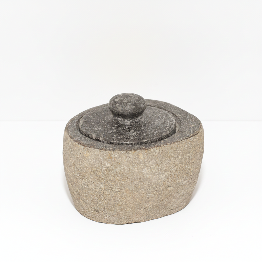Small river stone pot with stone lid on a clean white surface against a white wall