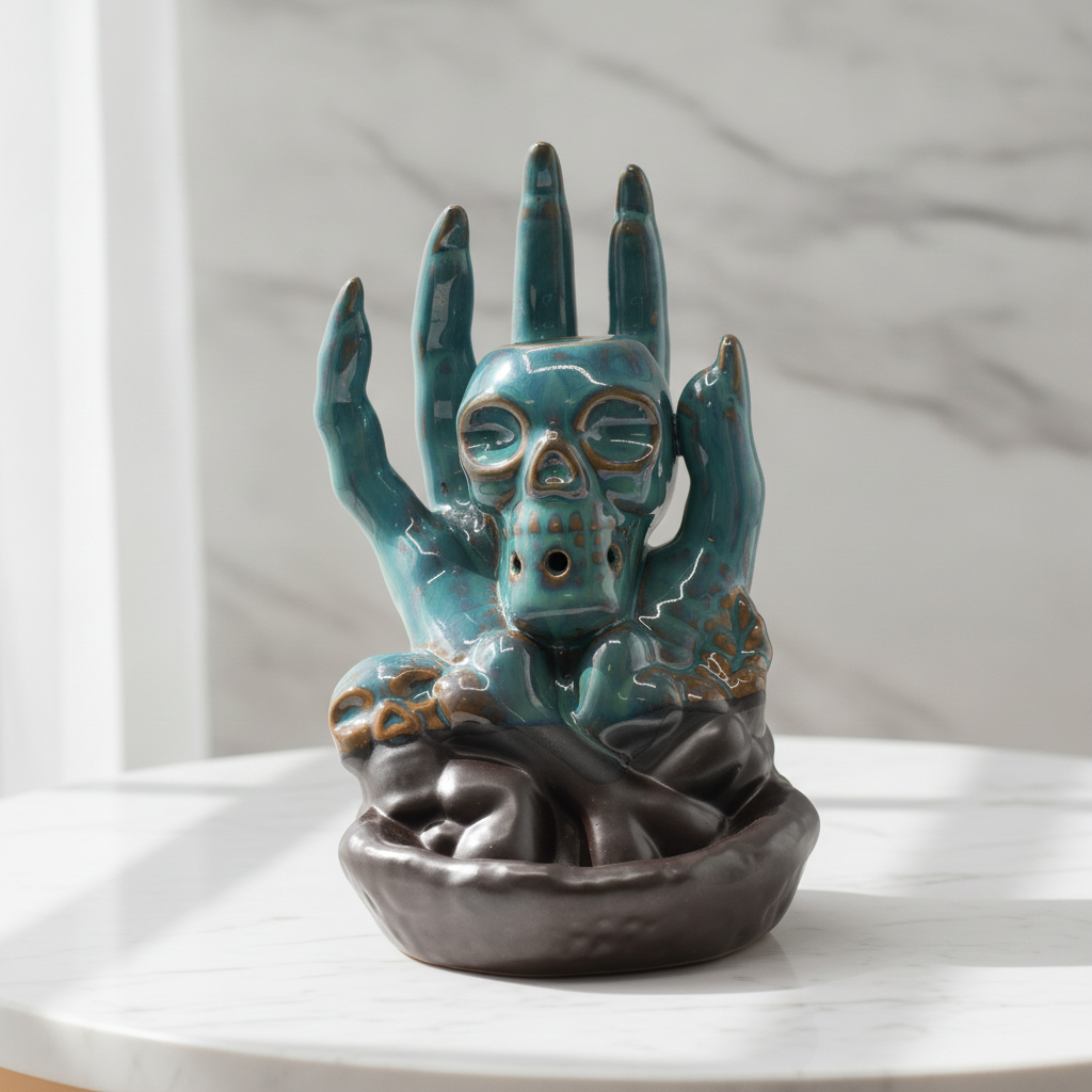 Skull in hand backflow incense burner on a marble table with a marble wall behind