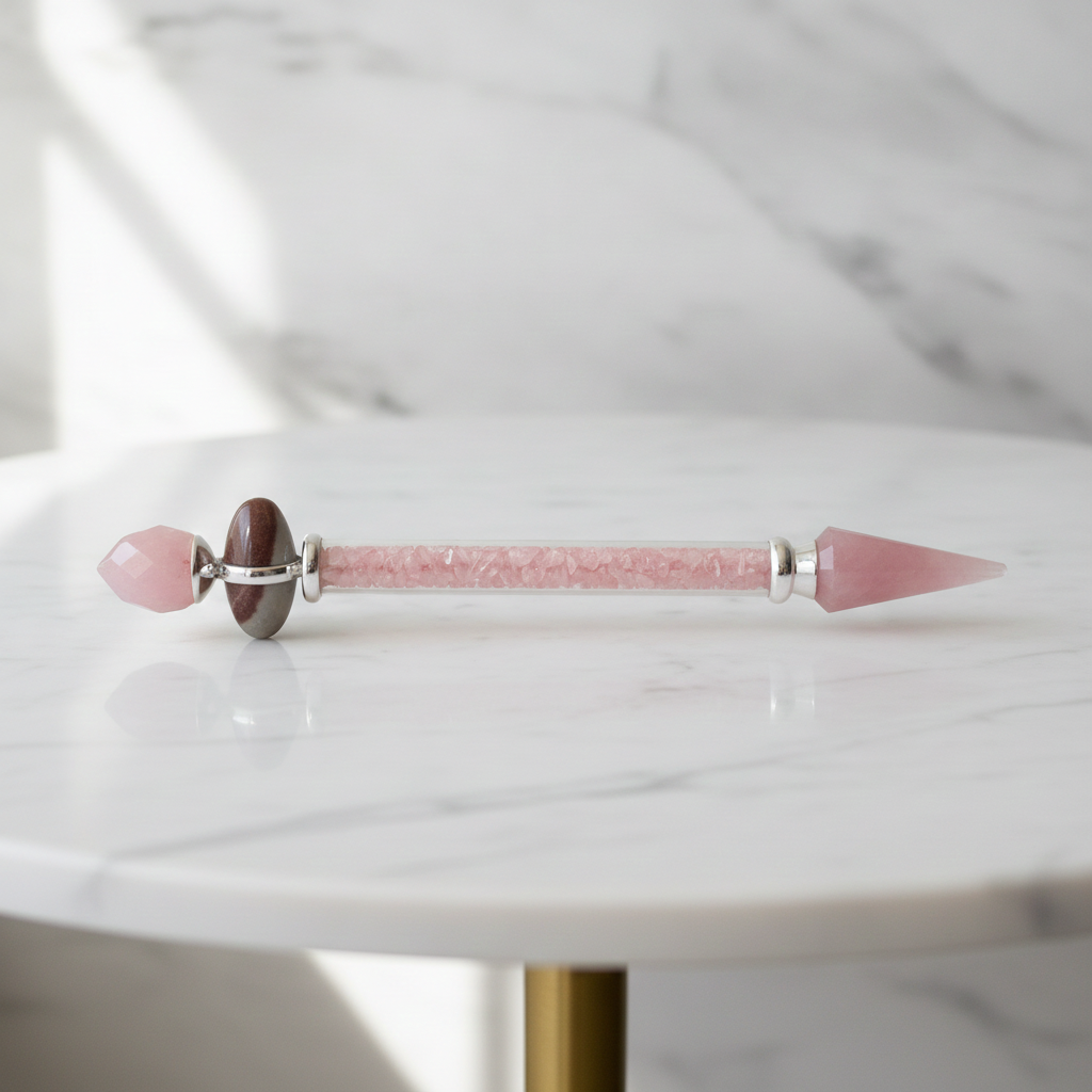 Rose quartz shiva lingam wand on a marble table with a marble wall behind