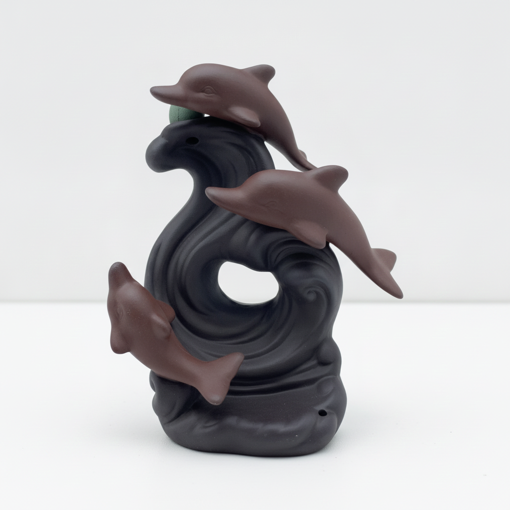 Dolphin wave backflow incense burner on a clean white surface against a white wall