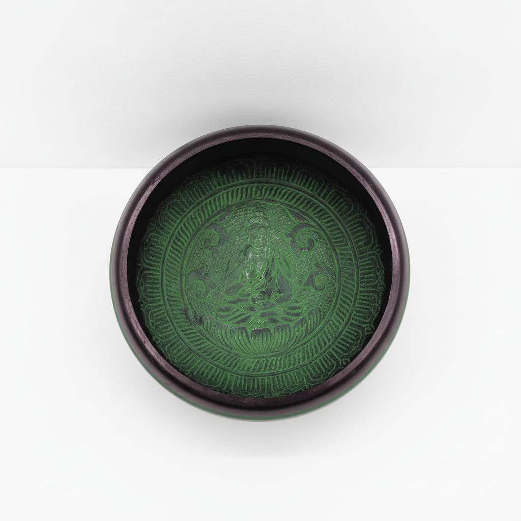 Earth powder singing bowl with mandala buddha on a clean white surface against a white wall