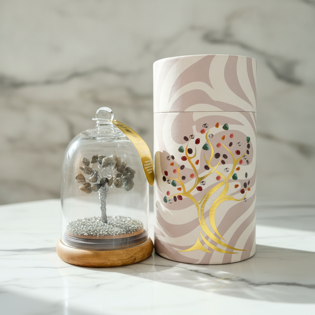 Pyrite gemstone dome garden on a marble table with a marble wall behind