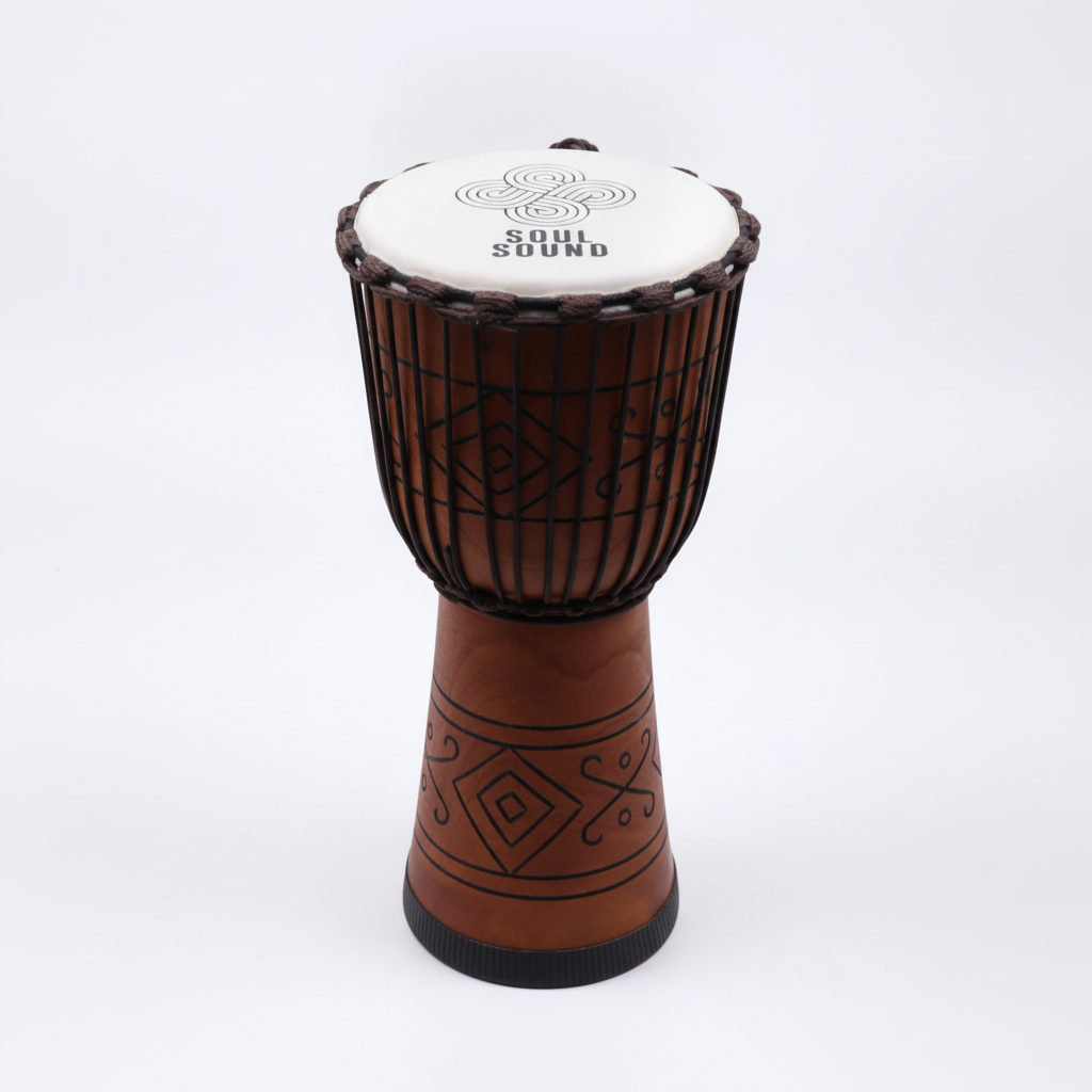 Large soul sound djembe drum on a clean white surface against a white wall