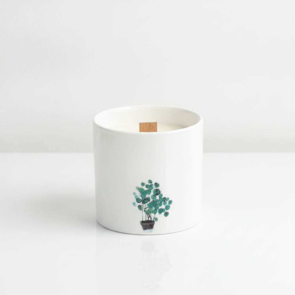 Set of 3 marsh viola botanical candles on a clean white surface against a white wall