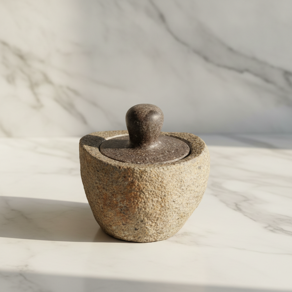 Medium river stone pot on a marble table with a marble wall behind