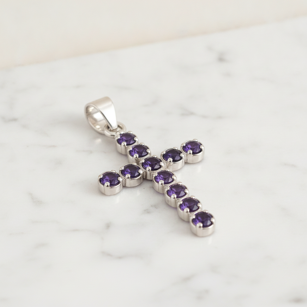 Silver-plated crucifix pendant set with deep purple stones, on linen - view 2