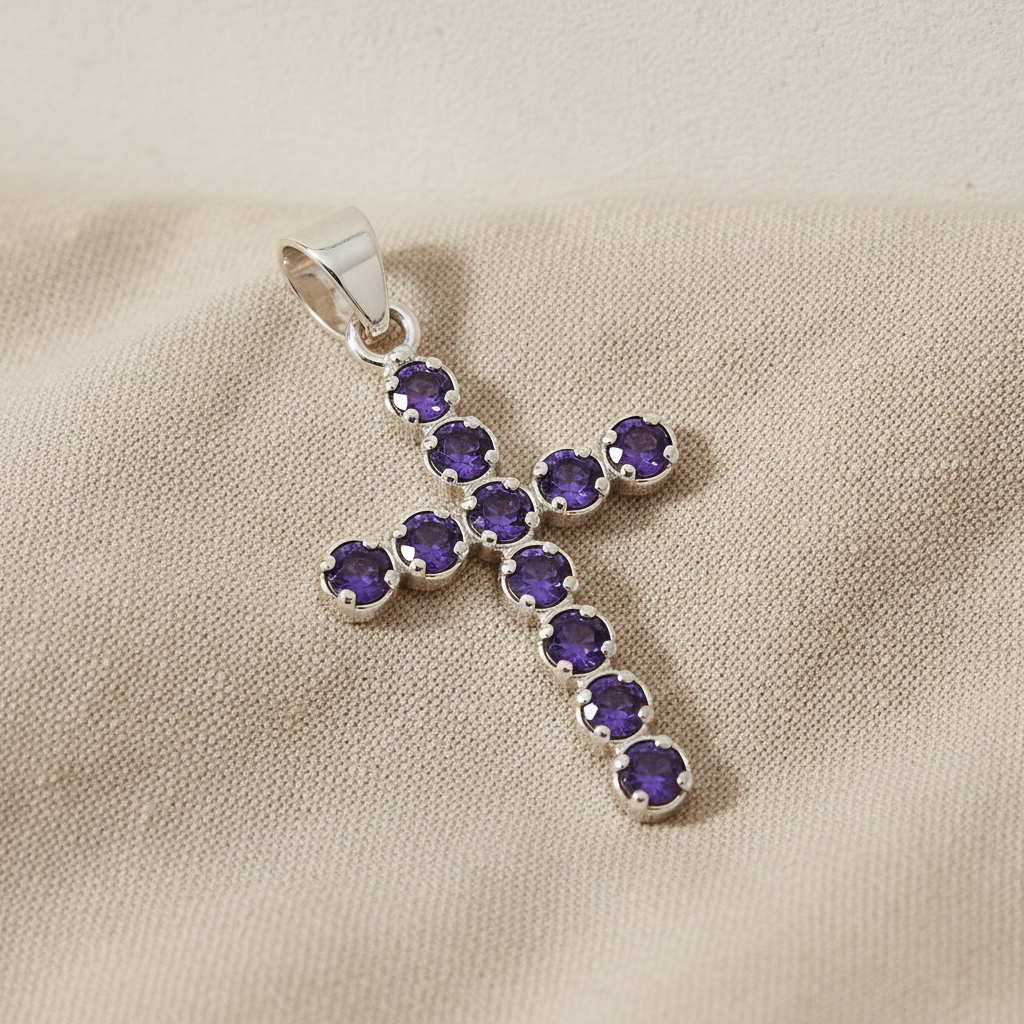 Silver-plated crucifix pendant set with deep purple stones, on linen