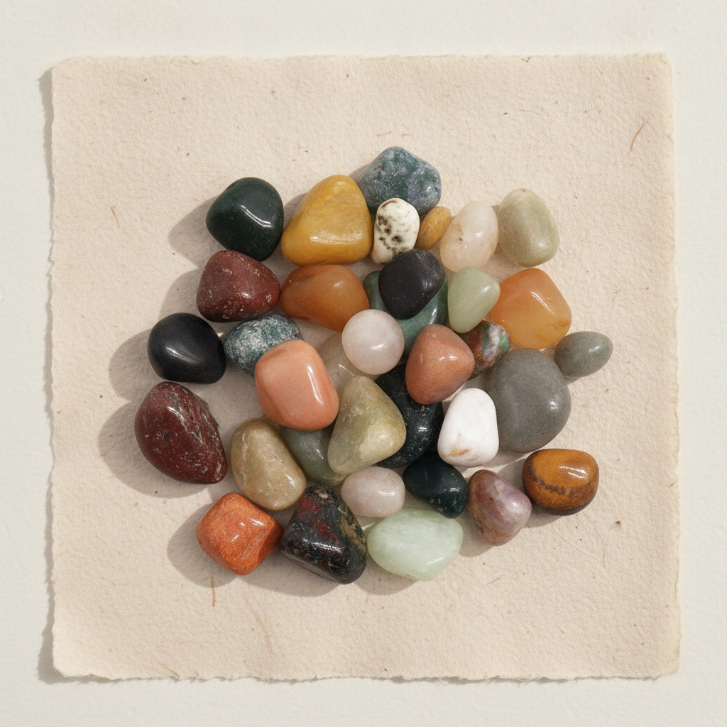 A pile of mixed tumbled gemstones in greens, reds and creams on cotton-rag paper