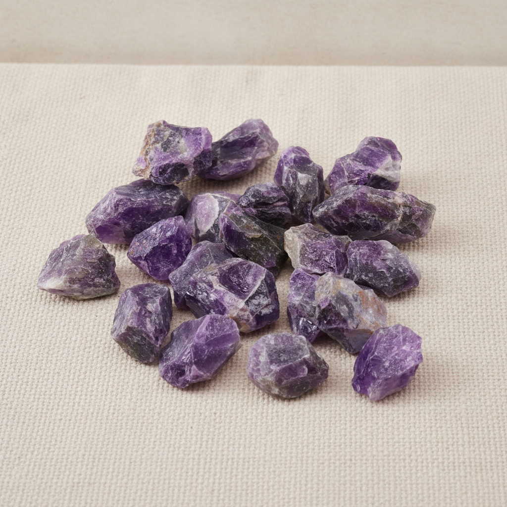 A spread of rough amethyst chunks in deep purple on cotton canvas