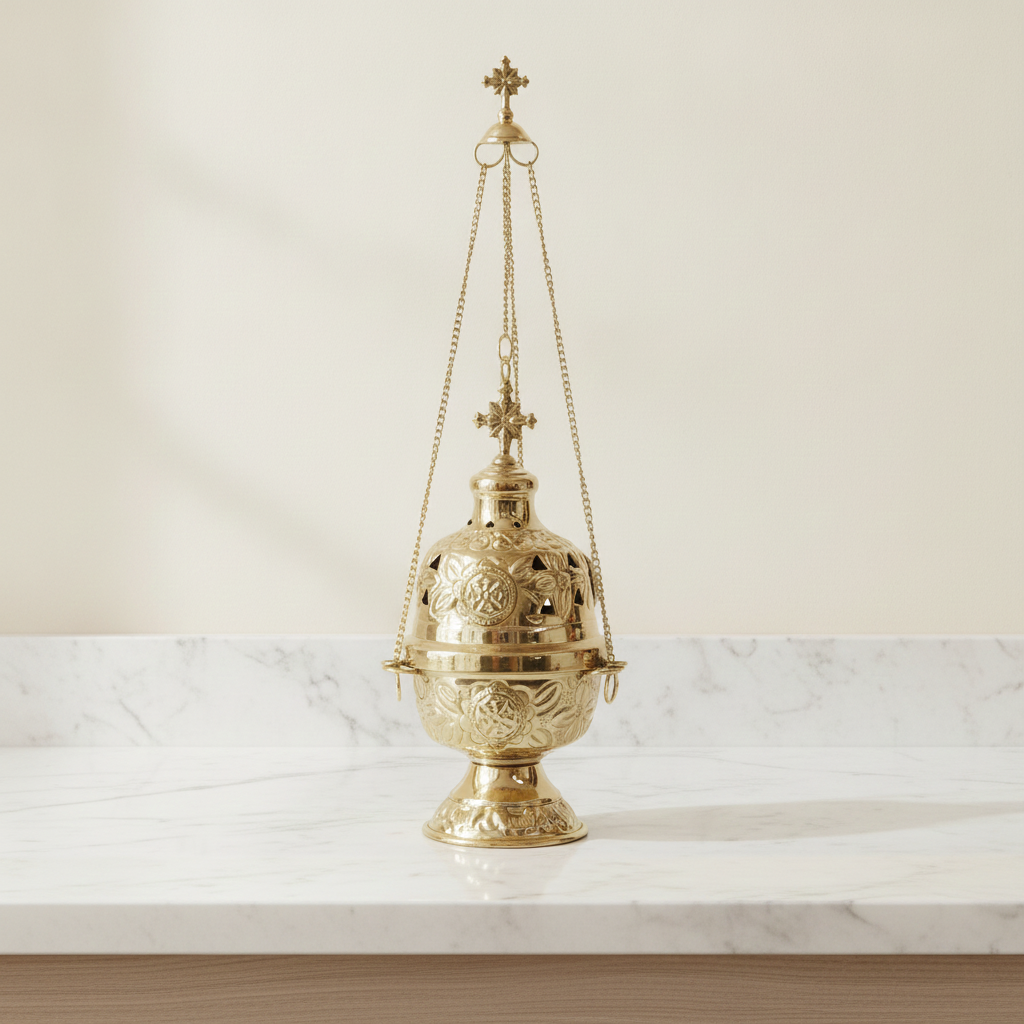 Ornate brass hanging incense burner standing on its footed base, chains beside it - view 2