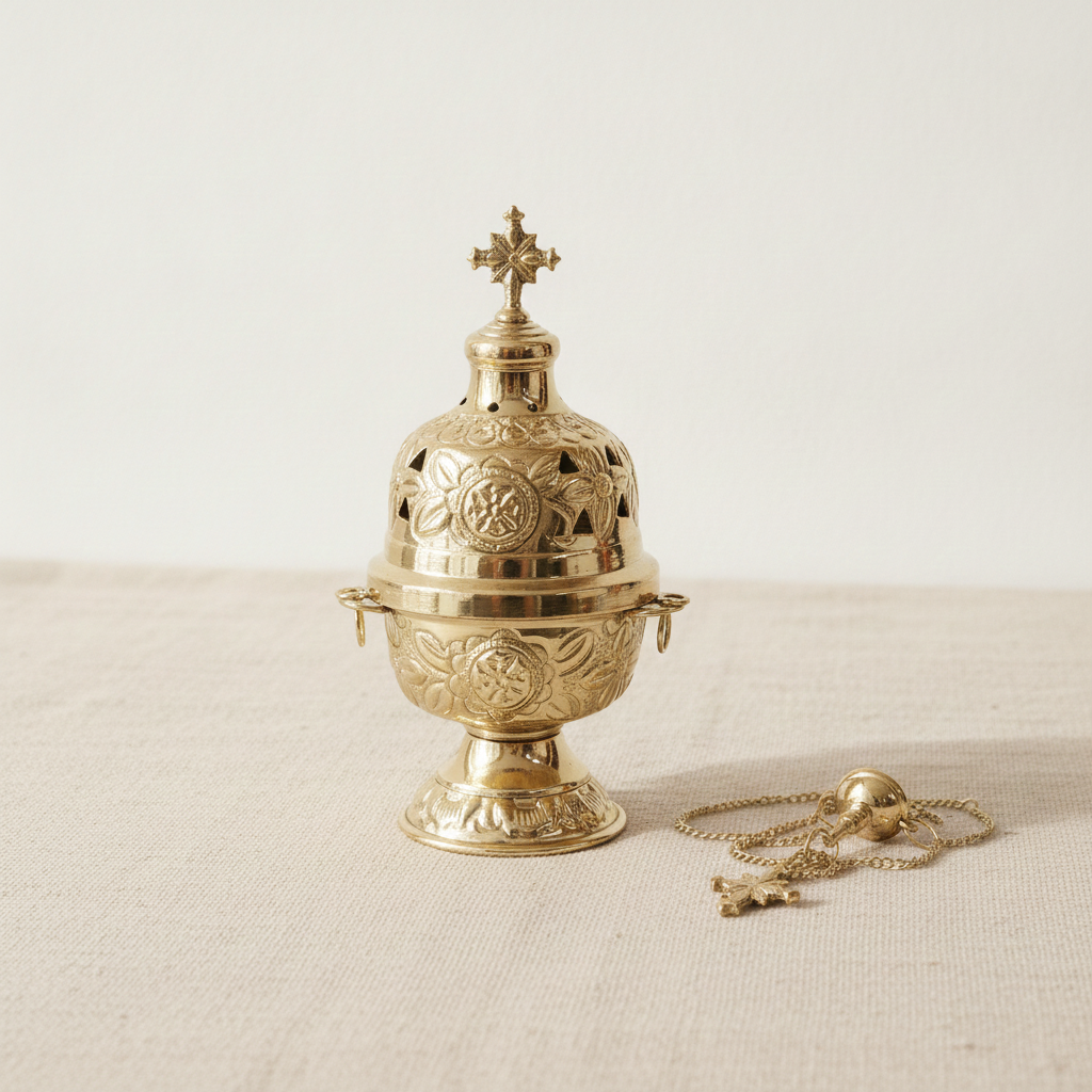Ornate brass hanging incense burner standing on its footed base, chains beside it