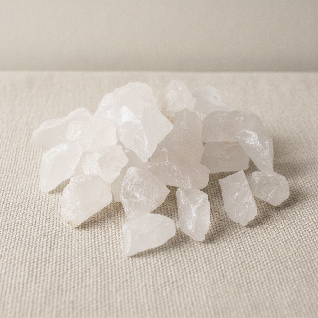 Rough milky quartz chunks piled on cotton canvas