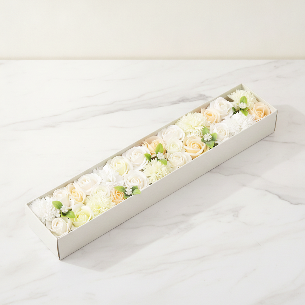 Long box of white and ivory soap roses lying open on cotton canvas - view 2