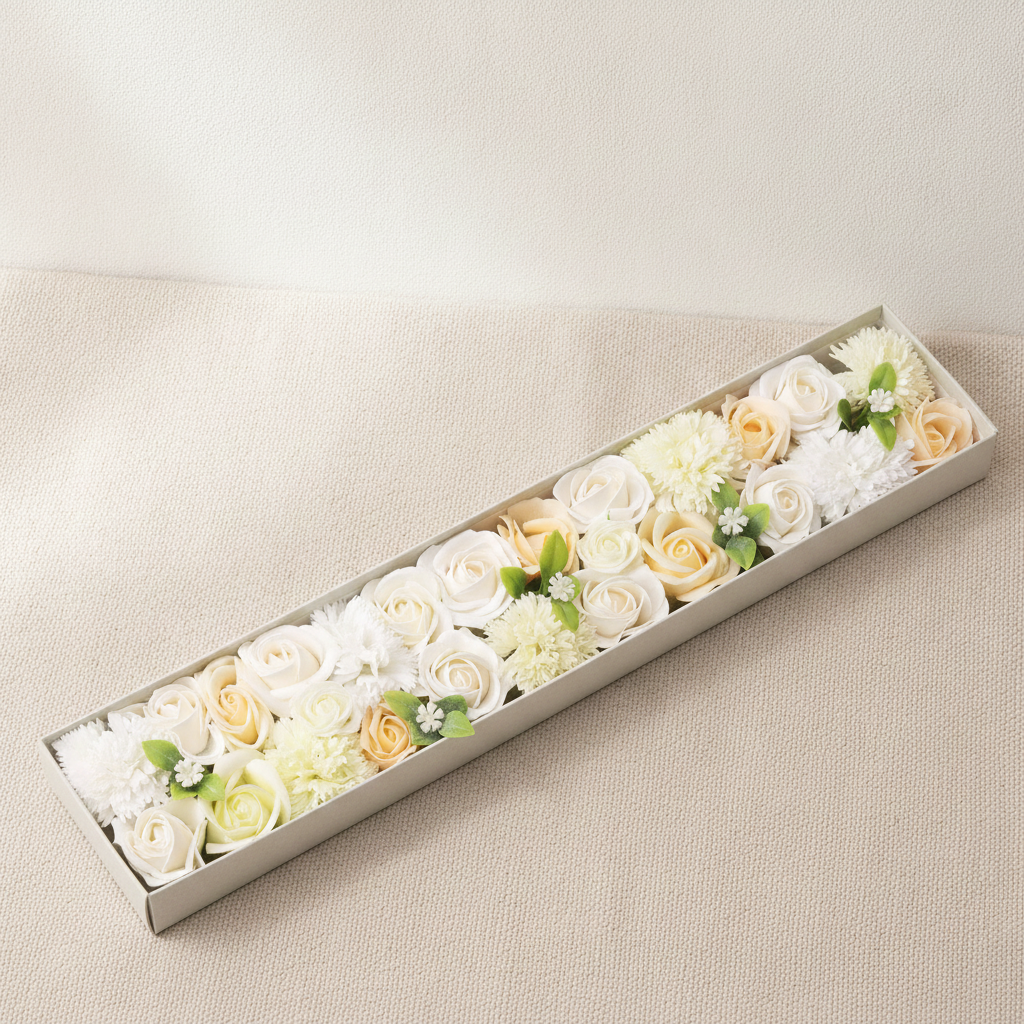 Long box of white and ivory soap roses lying open on cotton canvas