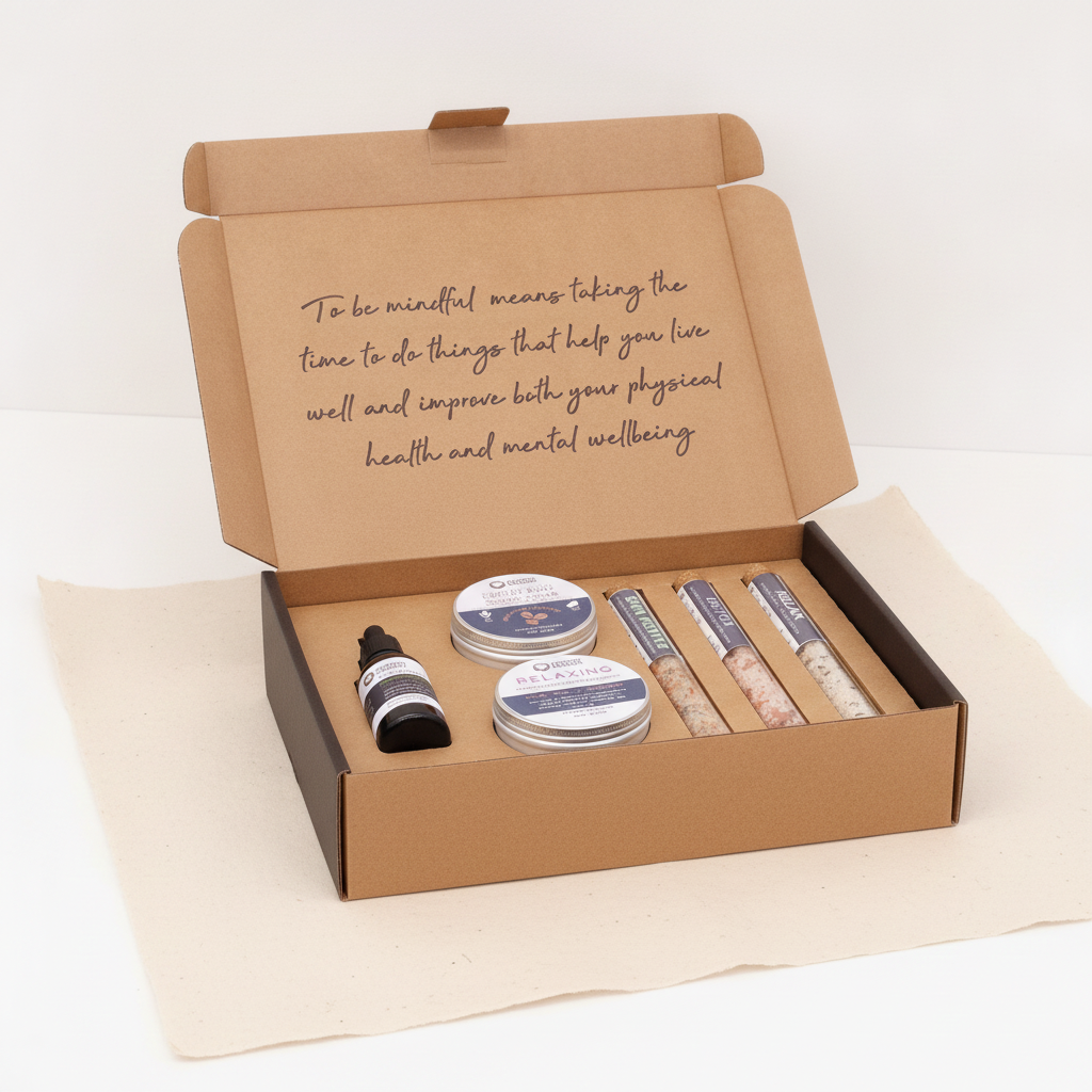 Kraft self-care kit box open flat, showing scrub tins, serum bottle and bath salt tubes
