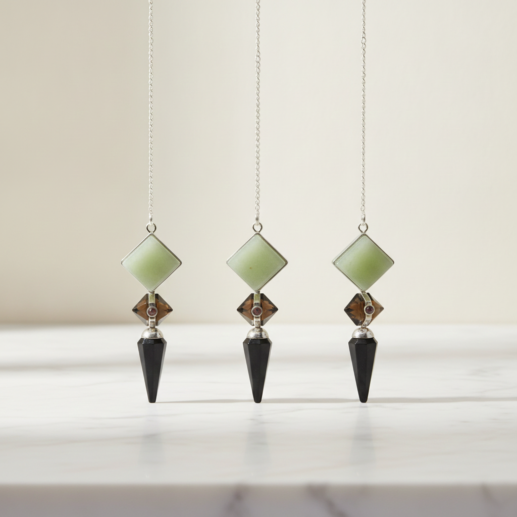 Three pendulums in green aventurine, tiger eye and black agate hanging side by side - view 2