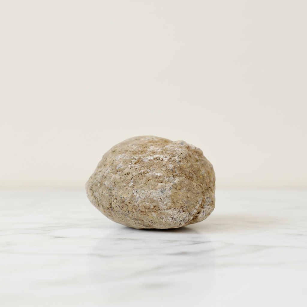A rough unopened calcite geode resting on cotton-rag paper - view 2