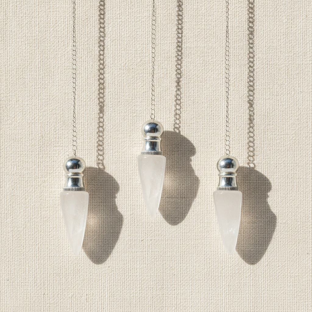 Three clear quartz pendulums with silver caps hanging from fine chains