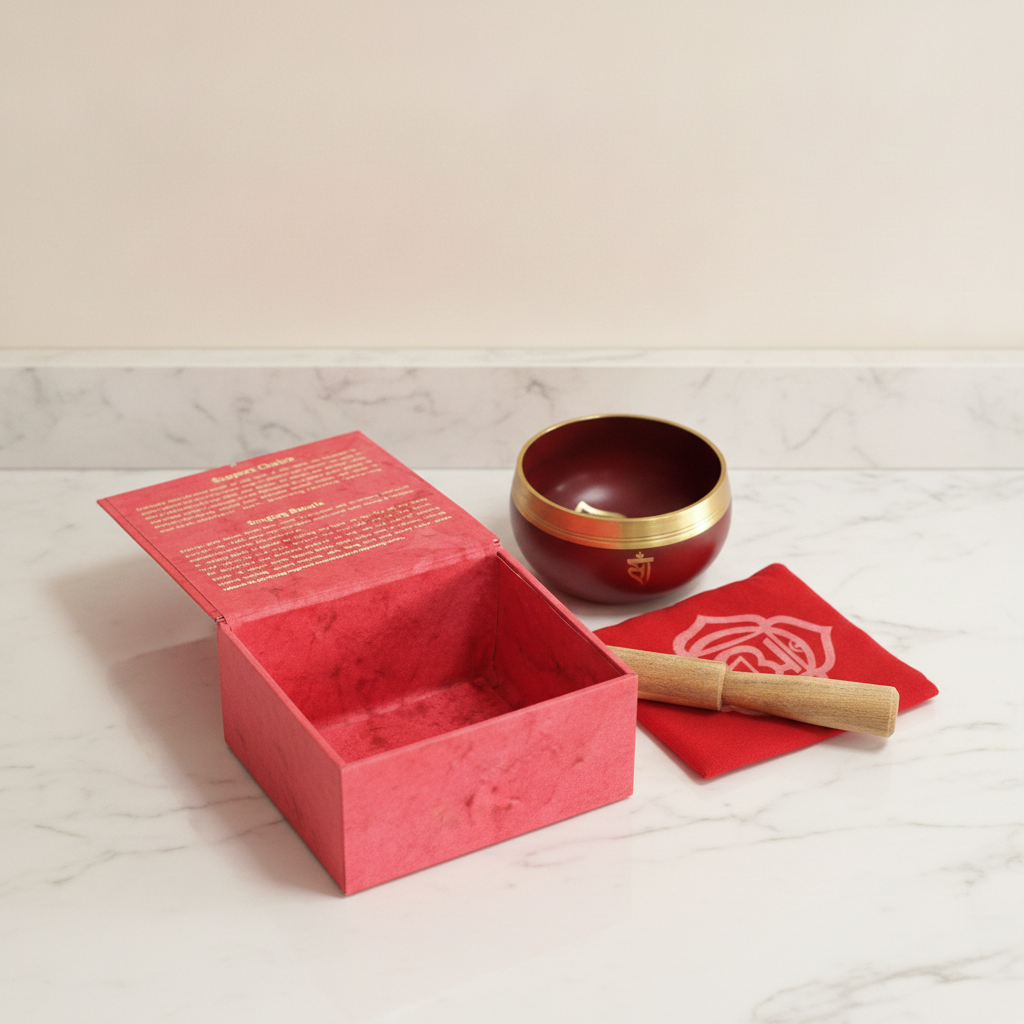 Red chakra singing bowl with its striker, cushion and box, on cotton-rag paper