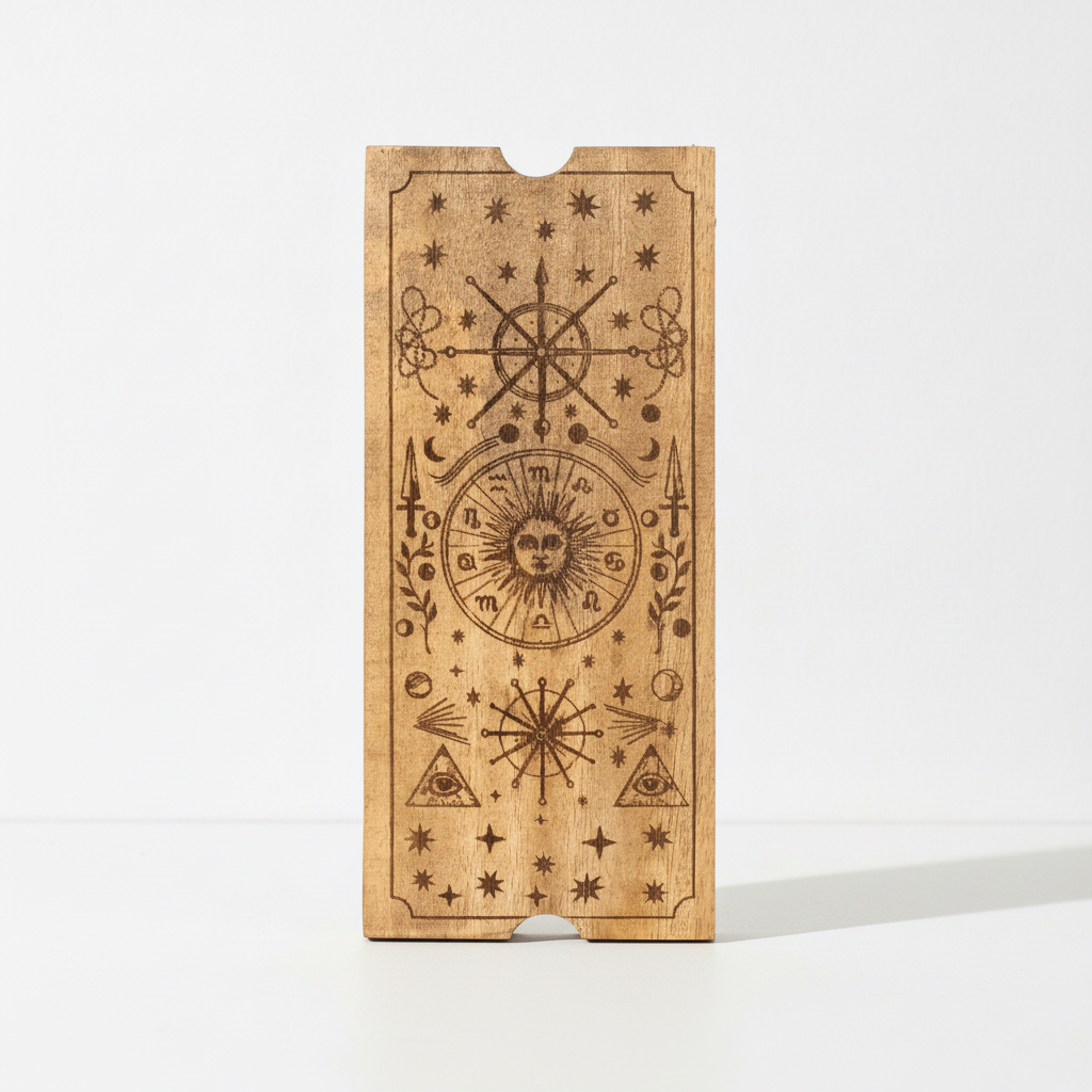 Engraved celestial lid of the four section tarot box, with sun, moon and star designs