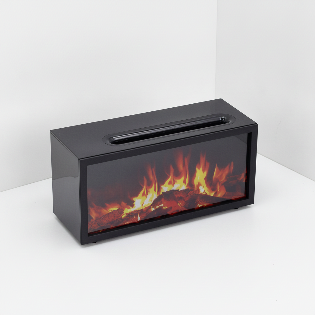 Black flame effect diffuser at an angle with the slotted mist lid in place