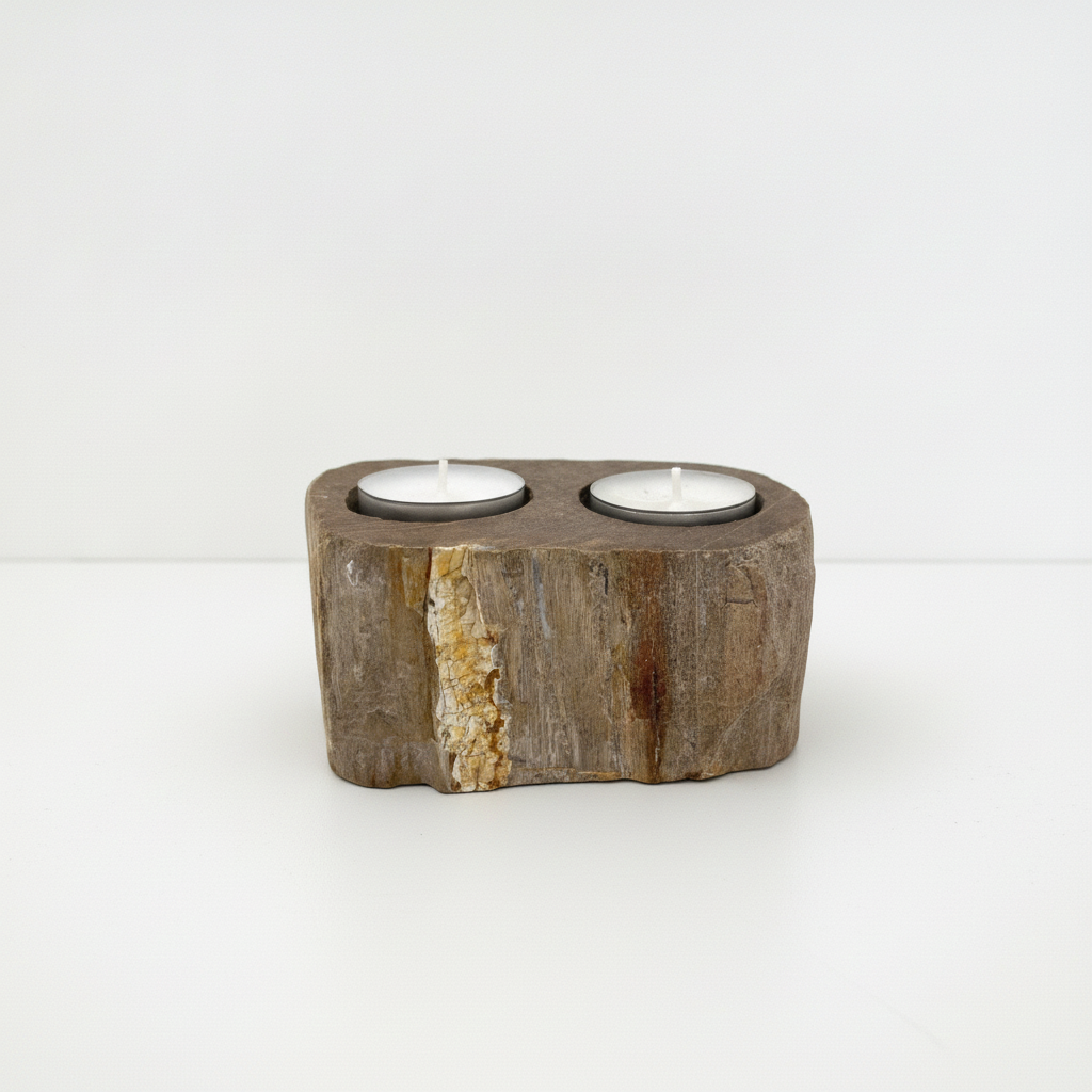Double petrified wood tealight holder with two tealights in place