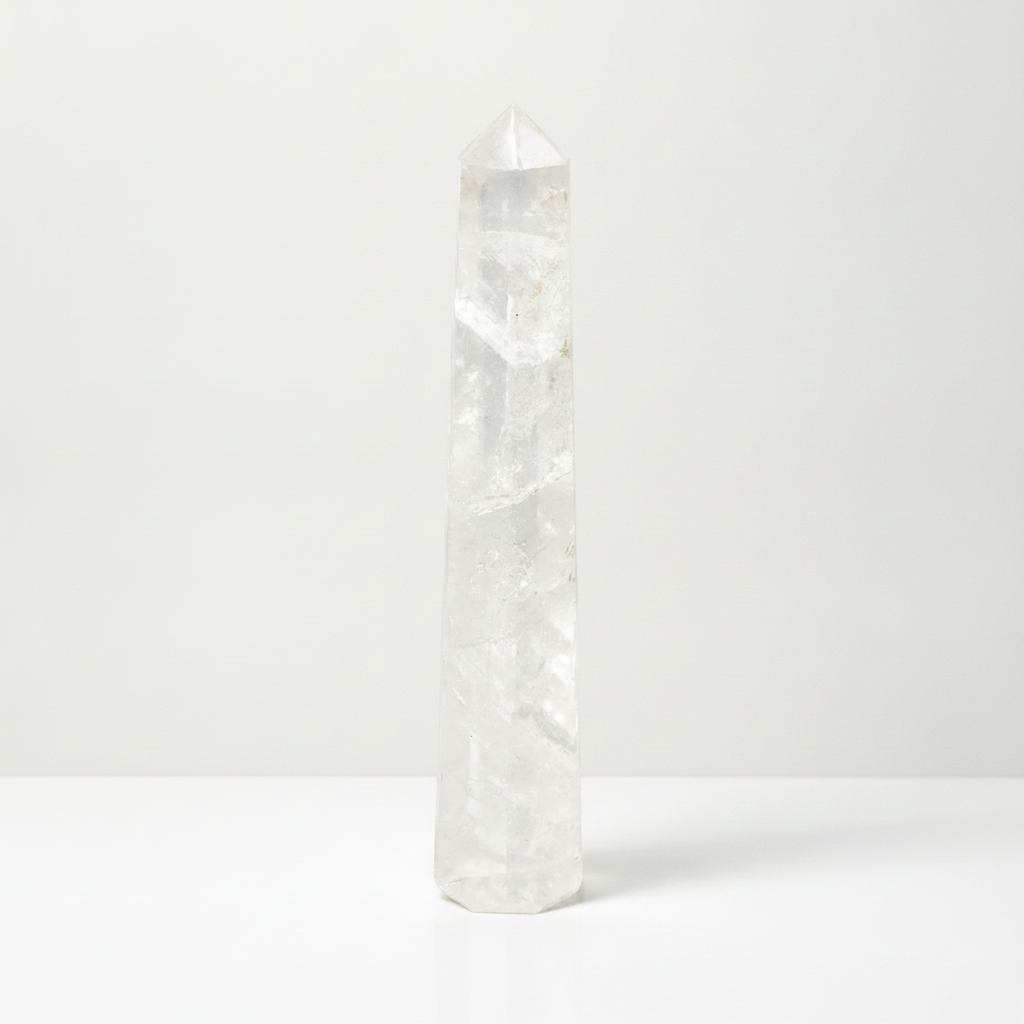 Tall six-sided clear quartz obelisk point - view 3
