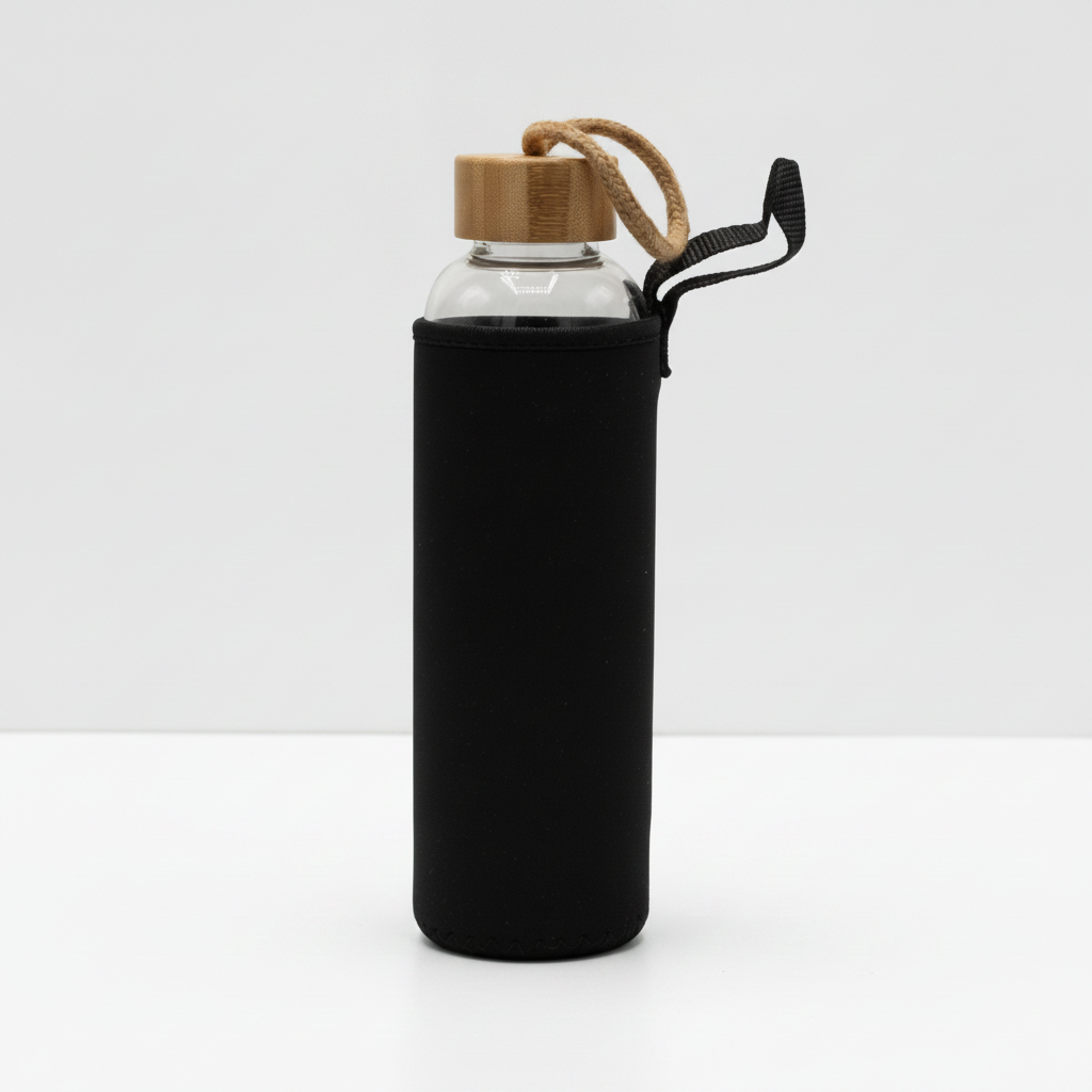 Crystal water bottle in its black neoprene sleeve with carry strap and bamboo lid