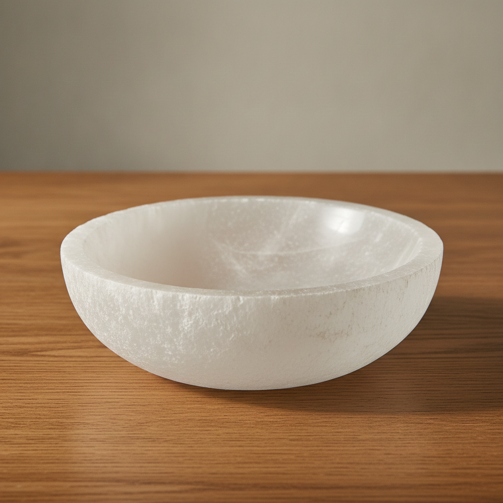 Round selenite bowl, polished inside with a raw white outer wall - view 3