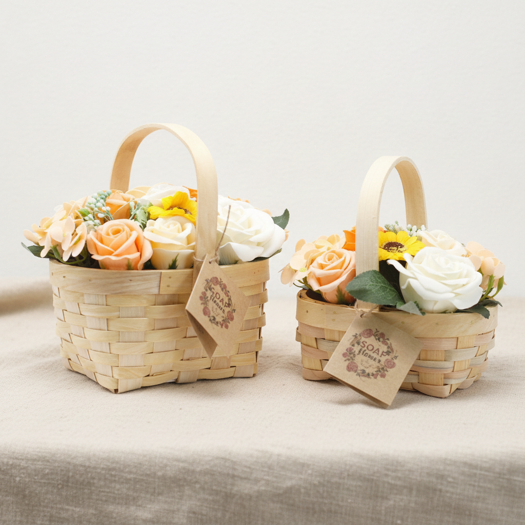 Pink and blush soap roses in a woven wicker basket with a tag, on rumpled linen - view 5