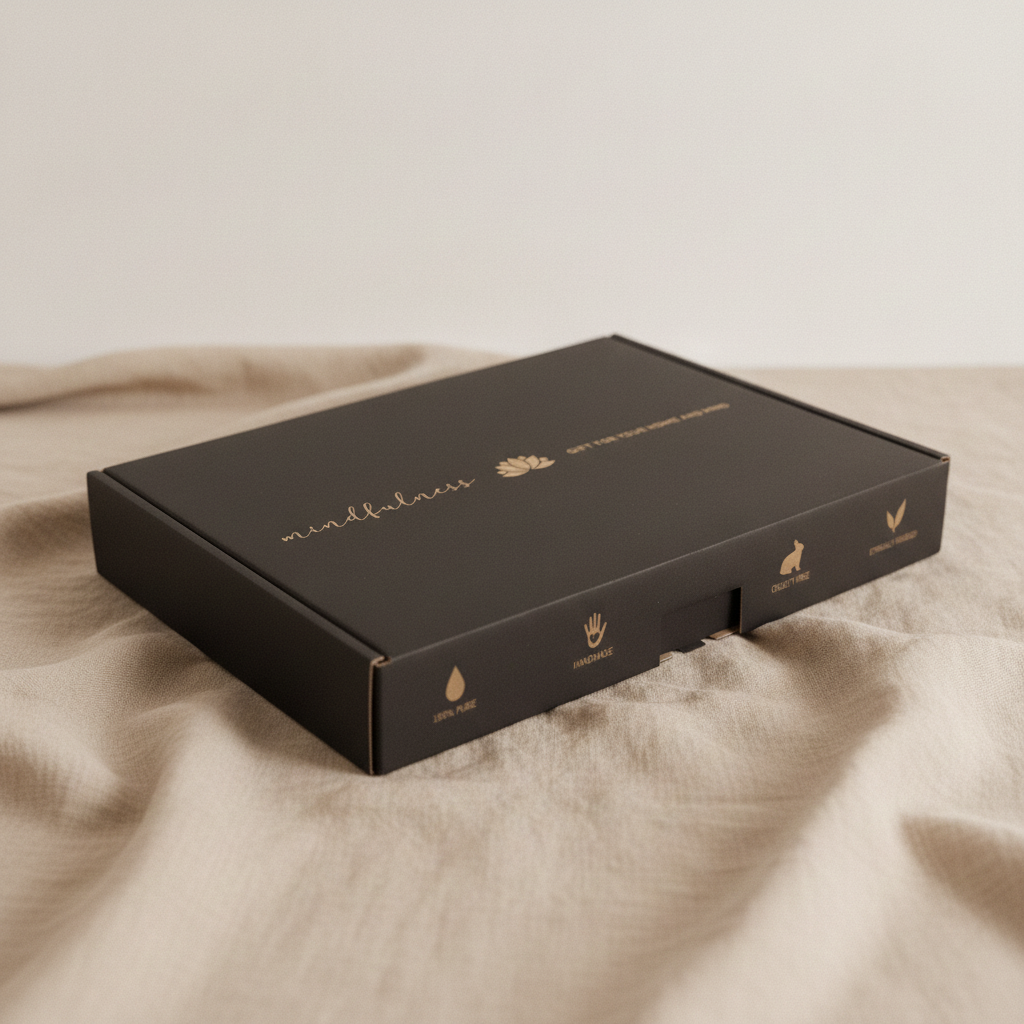 Dark self-care kit box lying flat and closed on rumpled linen - view 4