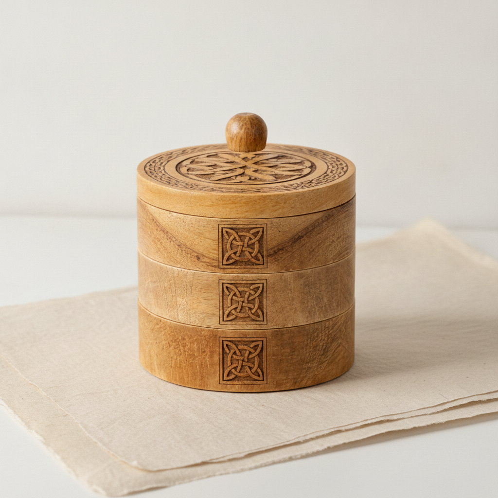 Carved wooden Celtic box with its three tiers fanned open, on cotton-rag paper - view 4