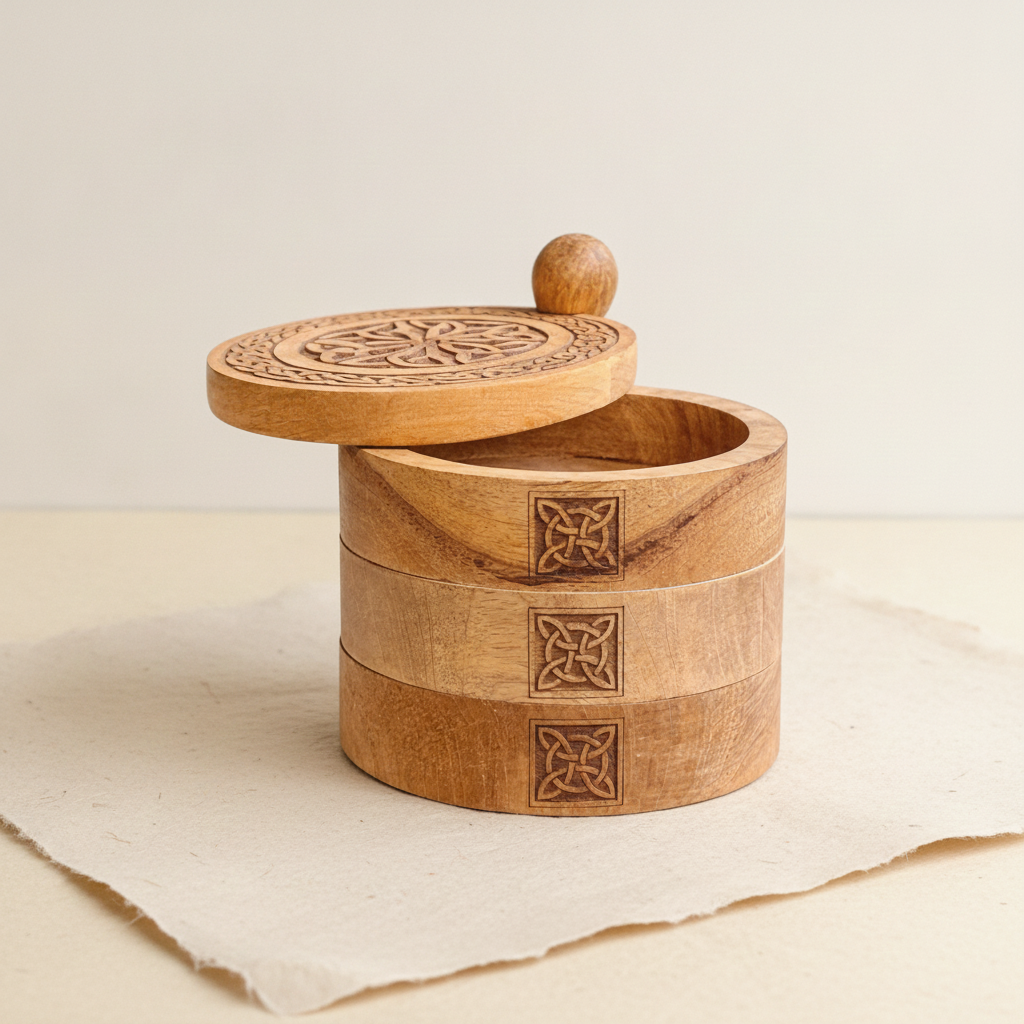 Carved wooden Celtic box with its three tiers fanned open, on cotton-rag paper - view 5