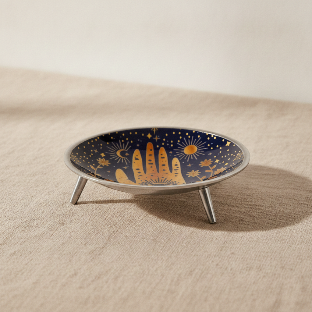 Midnight blue enamelled dish with a golden hamsa hand, standing on three legs - view 5