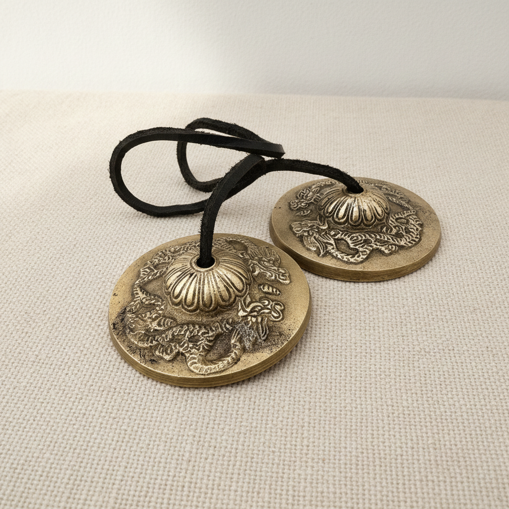 A pair of brass tingsha cymbals joined by a black cord, on cotton canvas - view 3