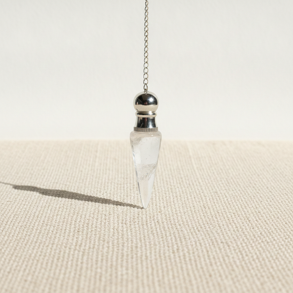 Three clear quartz pendulums with silver caps hanging from fine chains - view 4