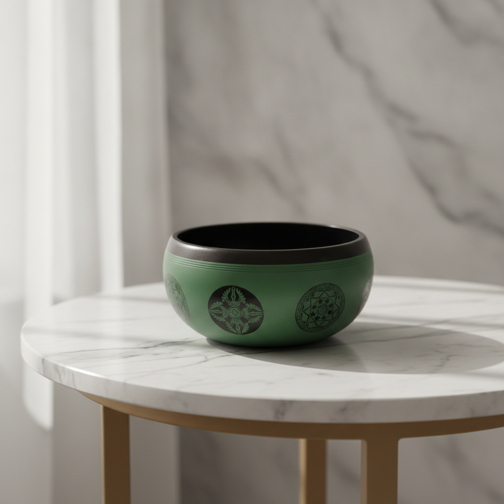 Green Mandala Buddha singing bowl on marble, side view