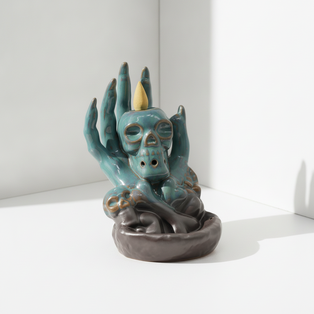 Skull in hand backflow incense burner on a white surface against a white wall