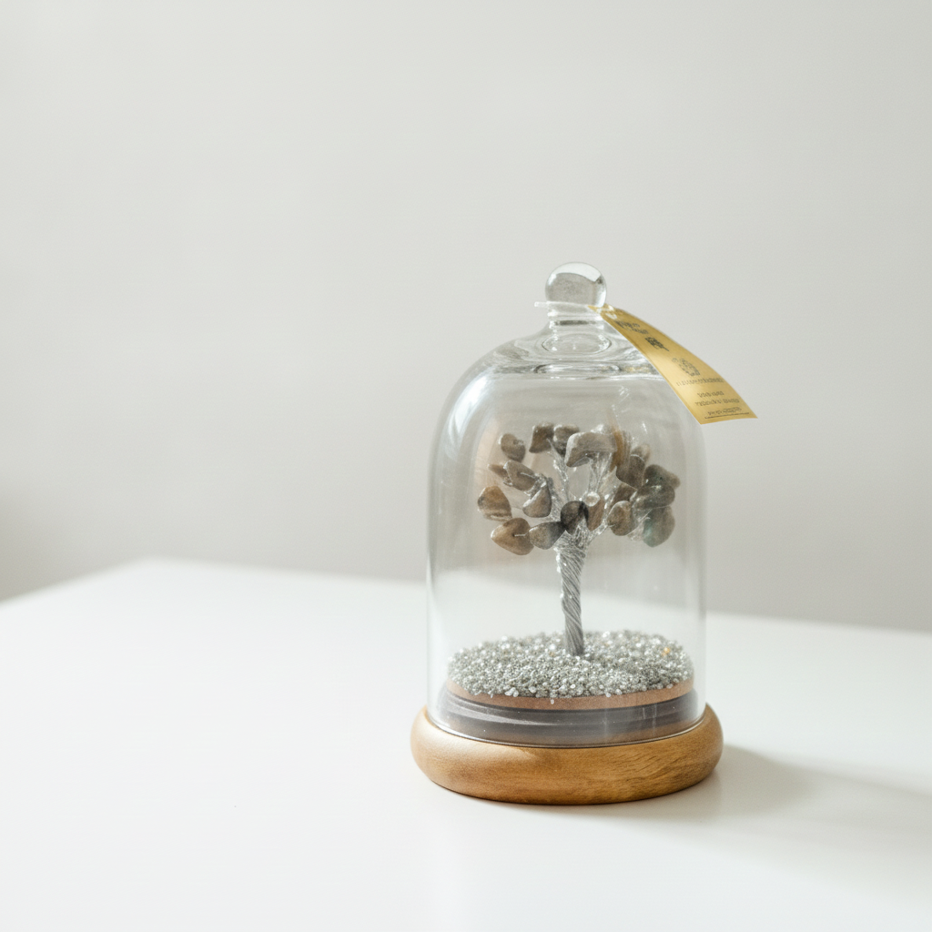 Pyrite gemstone tree under a glass dome on a white surface