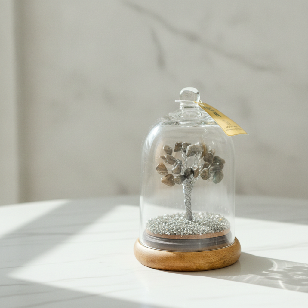 Pyrite gemstone tree in its glass dome on a marble table