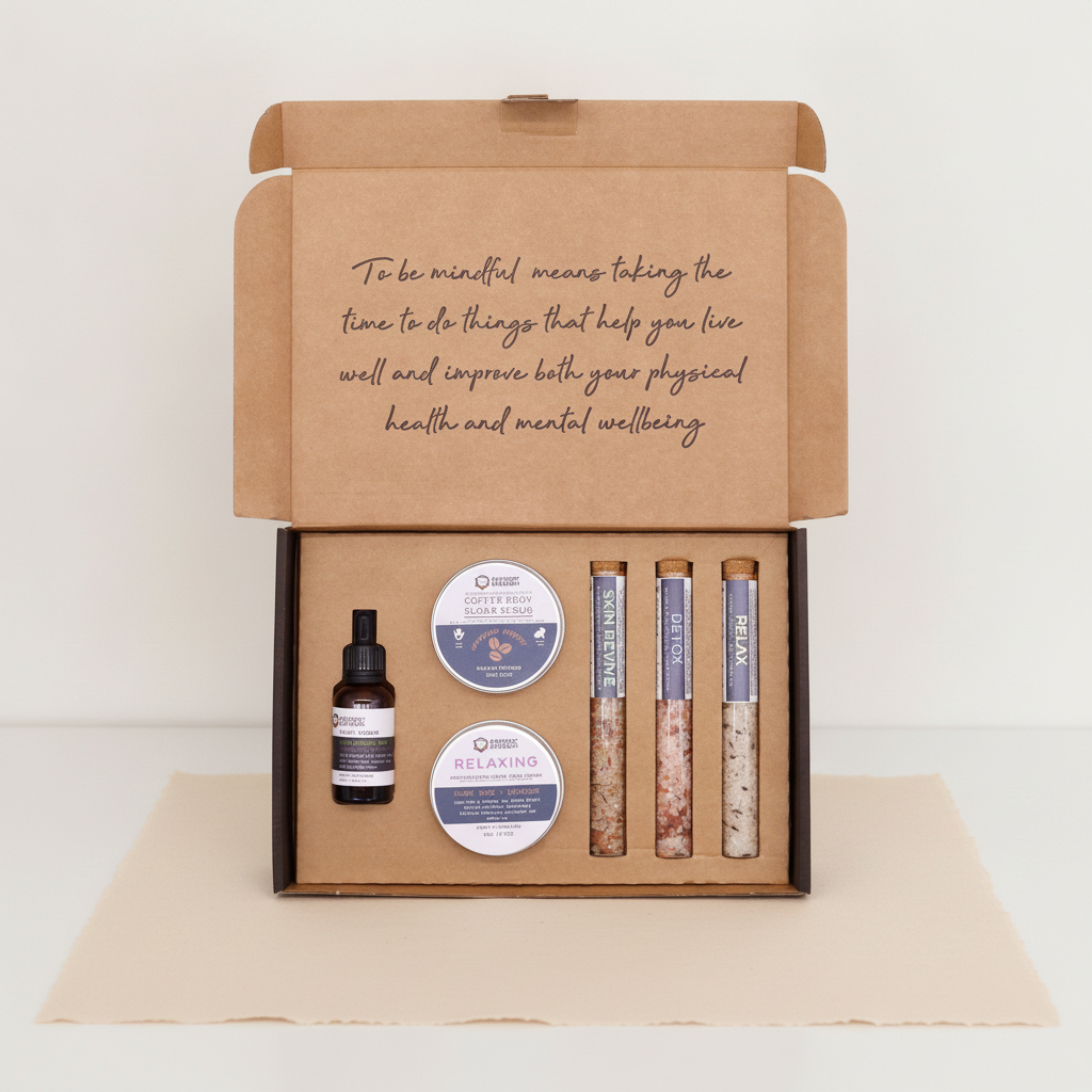 Kraft self-care kit box open flat, showing scrub tins, serum bottle and bath salt tubes - view 3