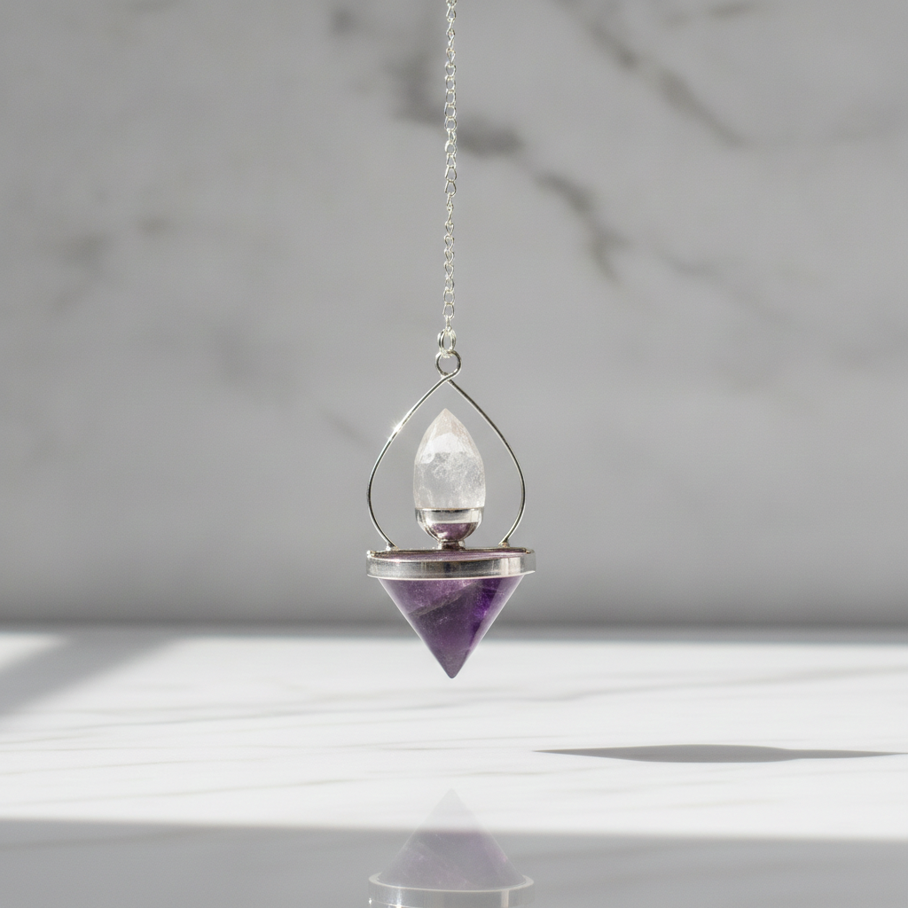 Amethyst and quartz pendulum on its chain, marble background